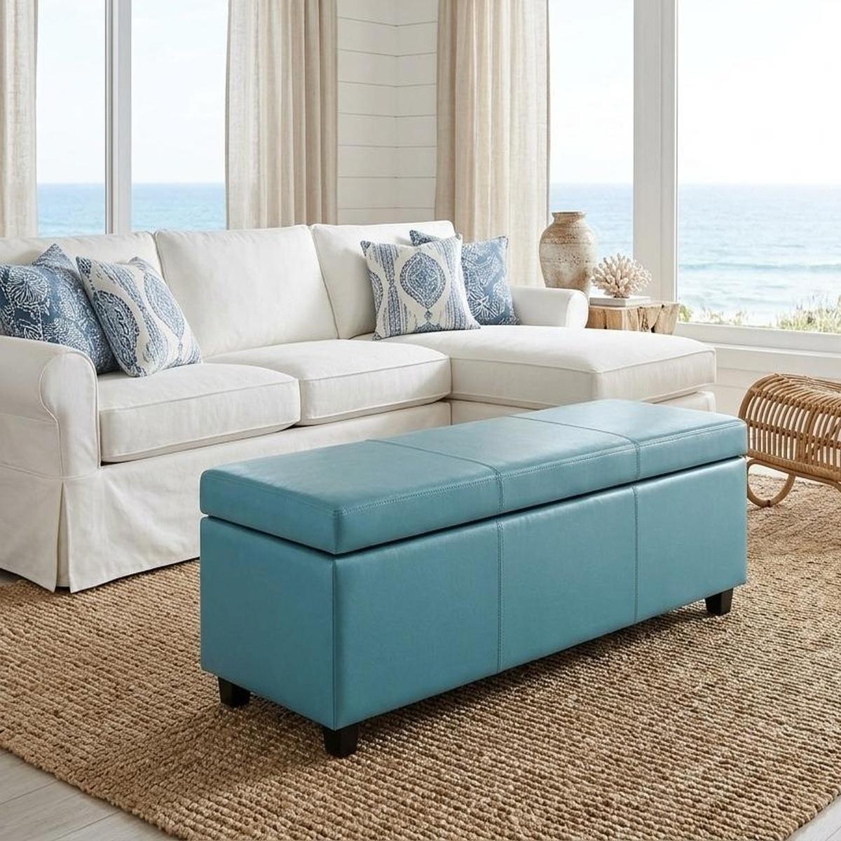48" Aqua And Dark Brown Faux Leather Ottoman With Storage