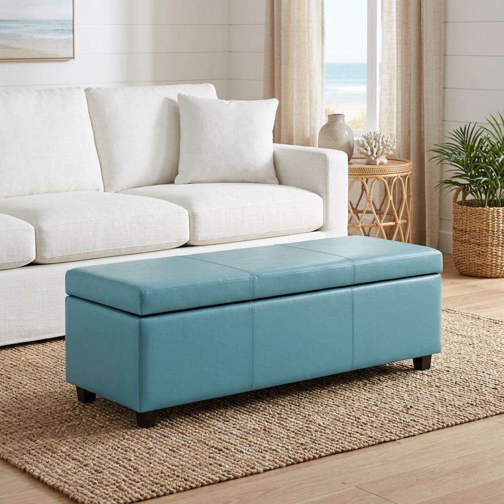 48" Aqua And Dark Brown Faux Leather Ottoman With Storage