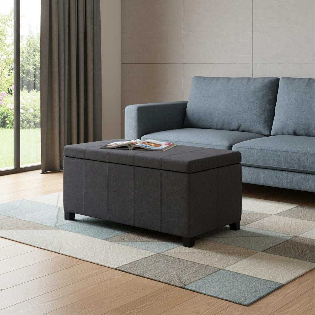 36" Slate Gray and Dark Brown Faux Linen and Solid Wood Upholstered Storage Bench With Flip Top