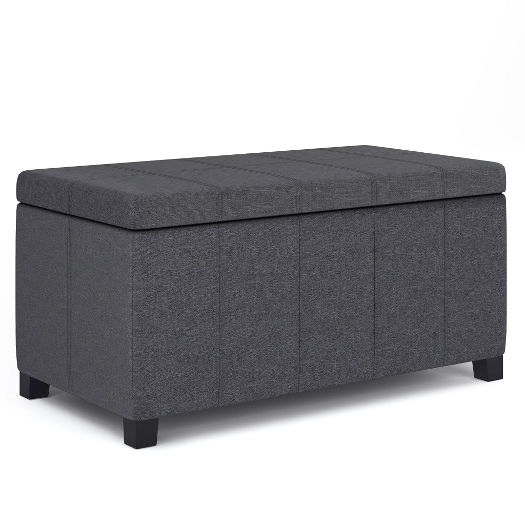 36" Slate Gray and Dark Brown Faux Linen and Solid Wood Upholstered Storage Bench With Flip Top