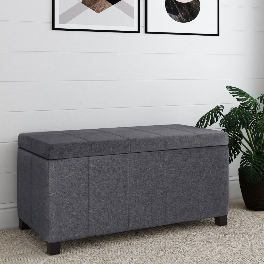 36" Slate Gray and Dark Brown Faux Linen and Solid Wood Upholstered Storage Bench With Flip Top