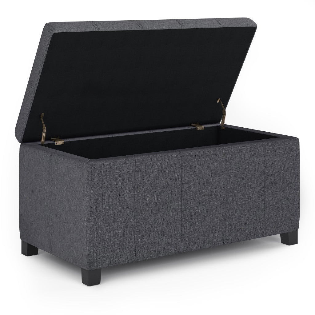 36" Slate Gray and Dark Brown Faux Linen and Solid Wood Upholstered Storage Bench With Flip Top