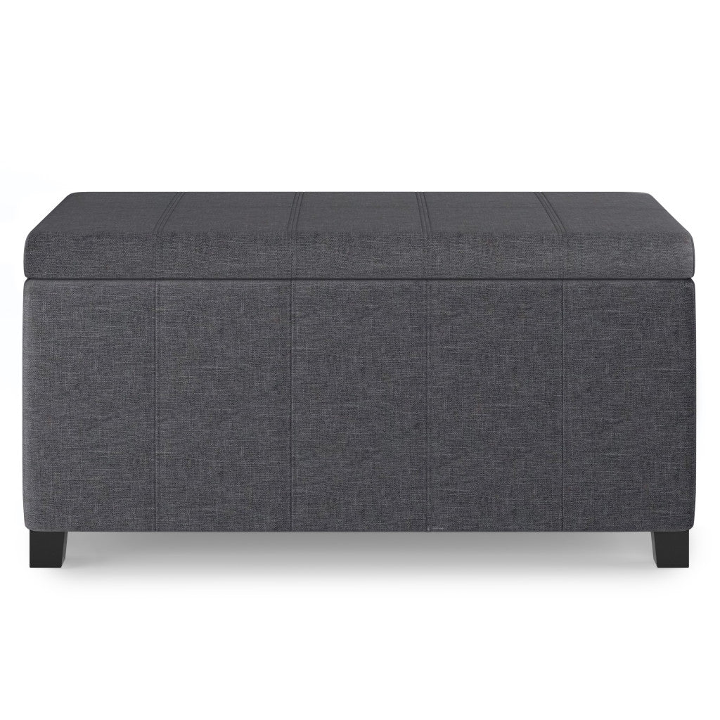36" Slate Gray and Dark Brown Faux Linen and Solid Wood Upholstered Storage Bench With Flip Top