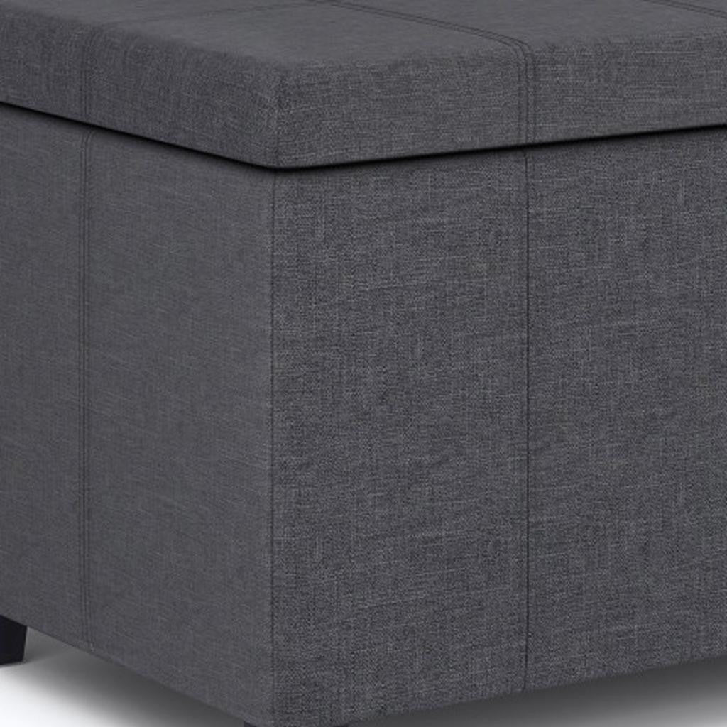 36" Slate Gray and Dark Brown Faux Linen and Solid Wood Upholstered Storage Bench With Flip Top