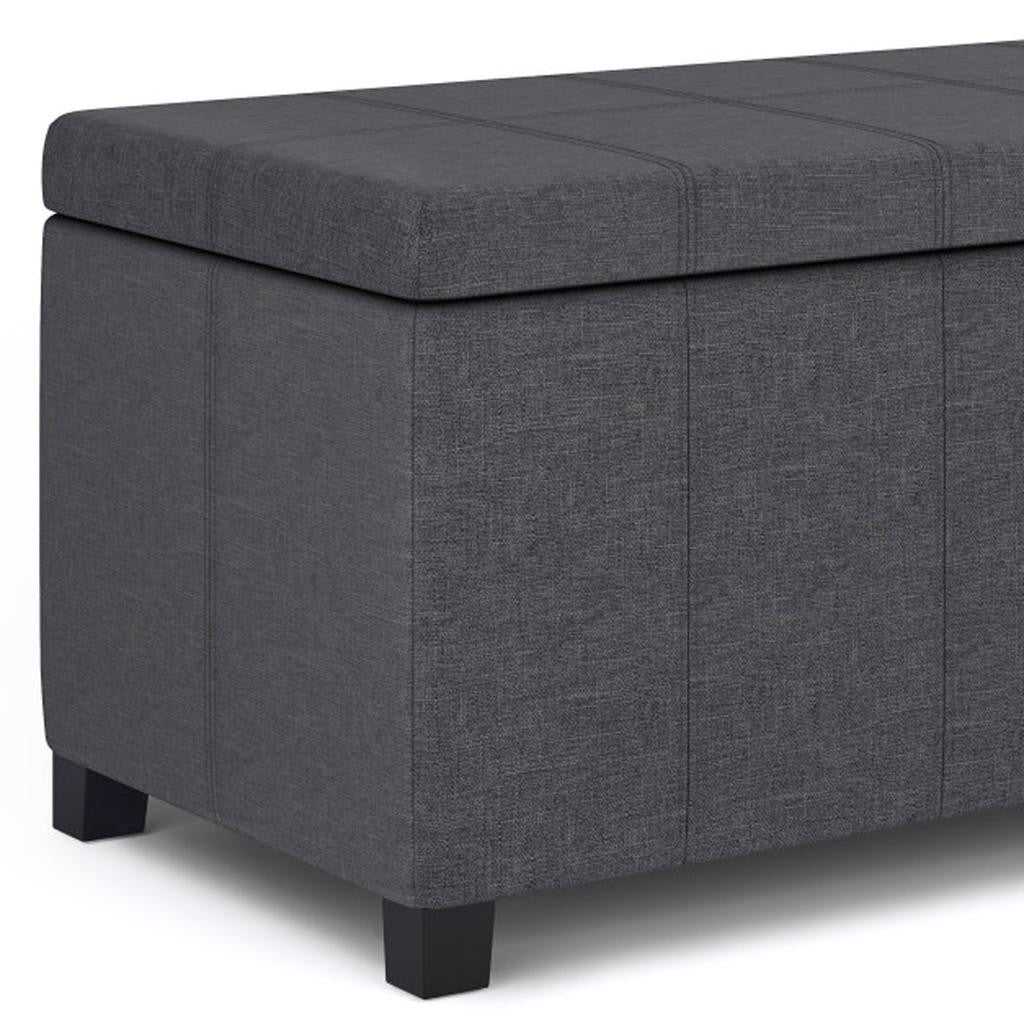 36" Slate Gray and Dark Brown Faux Linen and Solid Wood Upholstered Storage Bench With Flip Top