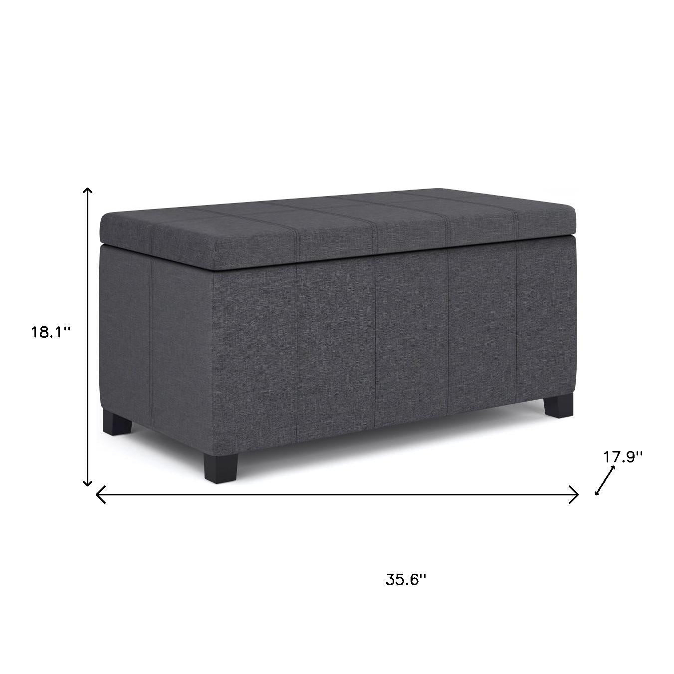 36" Slate Gray and Dark Brown Faux Linen and Solid Wood Upholstered Storage Bench With Flip Top