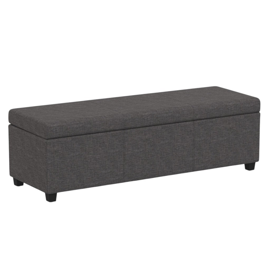 54" Slate Gray and Dark Brown Linen Blend and Solid Wood Upholstered Storage Bench With Flip Top