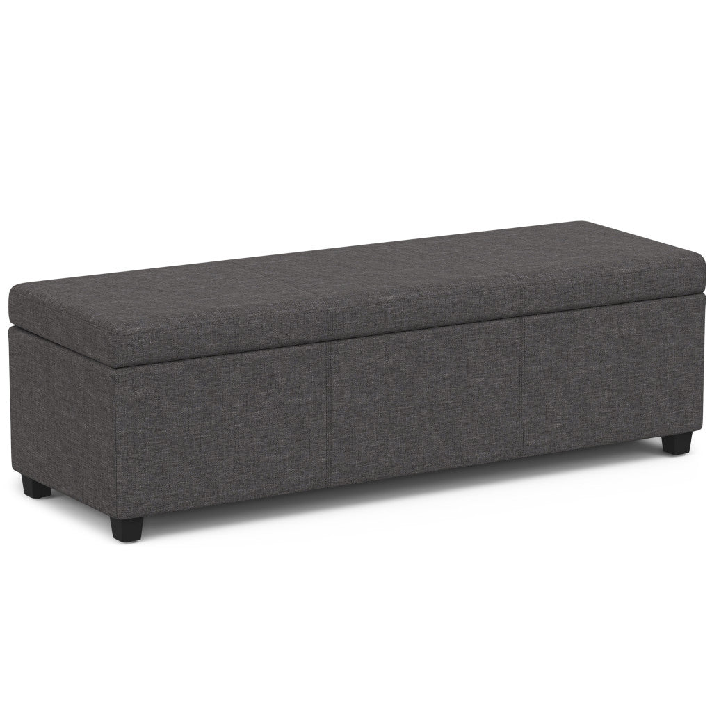 54" Slate Gray and Dark Brown Linen Blend and Solid Wood Upholstered Storage Bench With Flip Top