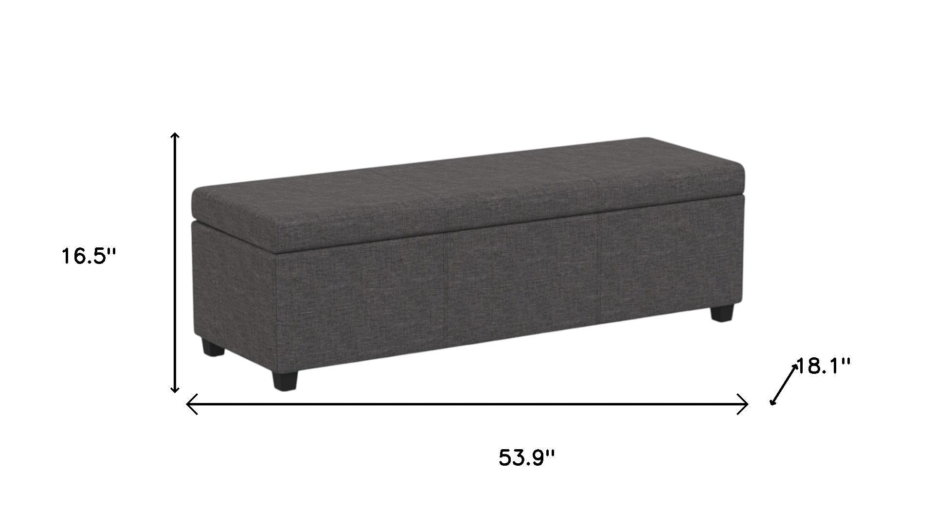 54" Slate Gray and Dark Brown Linen Blend and Solid Wood Upholstered Storage Bench With Flip Top