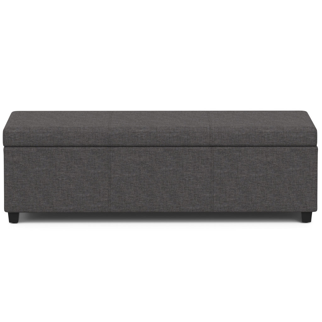 54" Slate Gray and Dark Brown Linen Blend and Solid Wood Upholstered Storage Bench With Flip Top
