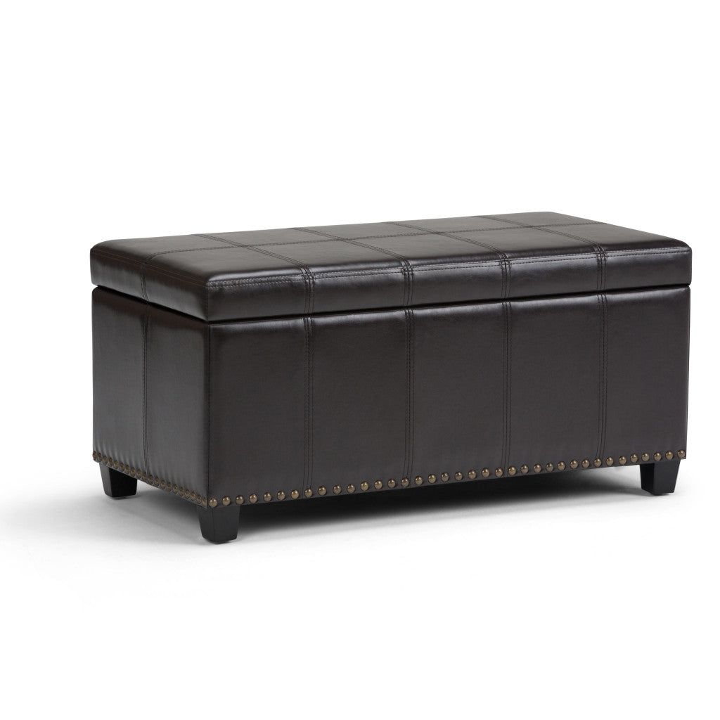 33" Brown and Espresso Faux Leather and Solid Wood Upholstered Storage Bench With Flip Top
