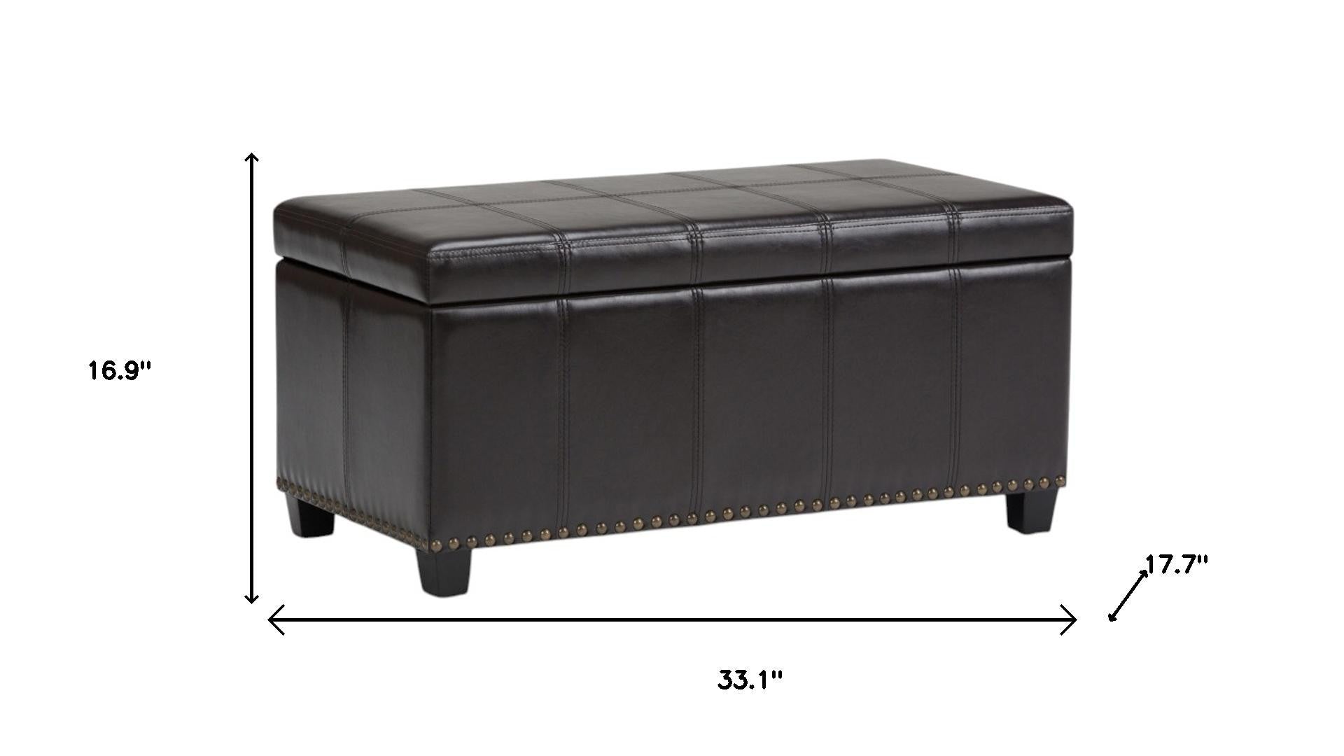 33" Brown and Espresso Faux Leather and Solid Wood Upholstered Storage Bench With Flip Top