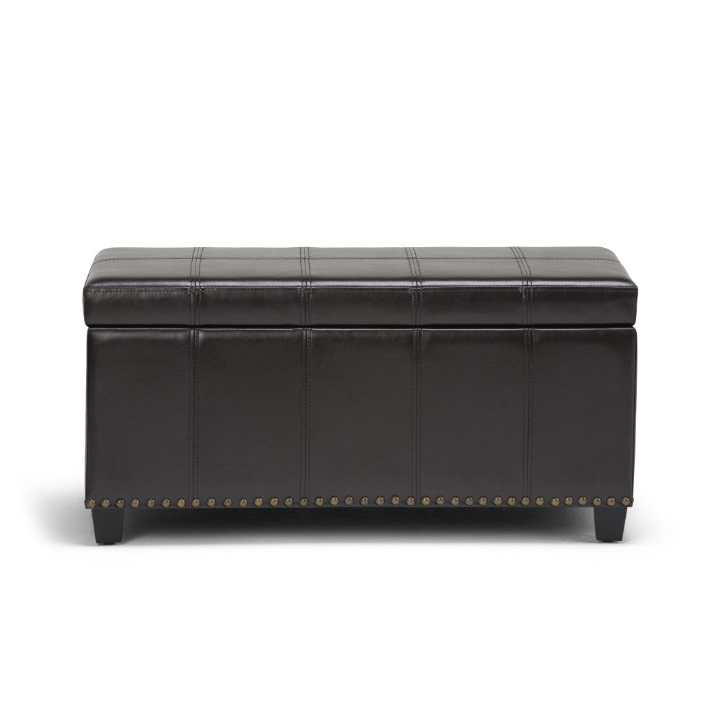 33" Brown and Espresso Faux Leather and Solid Wood Upholstered Storage Bench With Flip Top