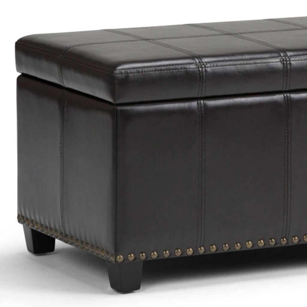 33" Brown and Espresso Faux Leather and Solid Wood Upholstered Storage Bench With Flip Top
