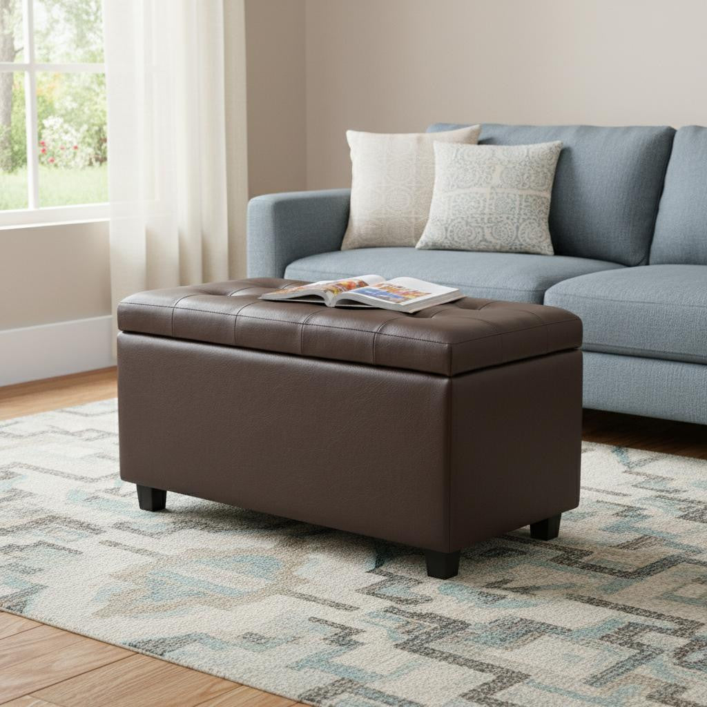 34" Chocolate And Dark Brown Tufted Ottoman With Storage
