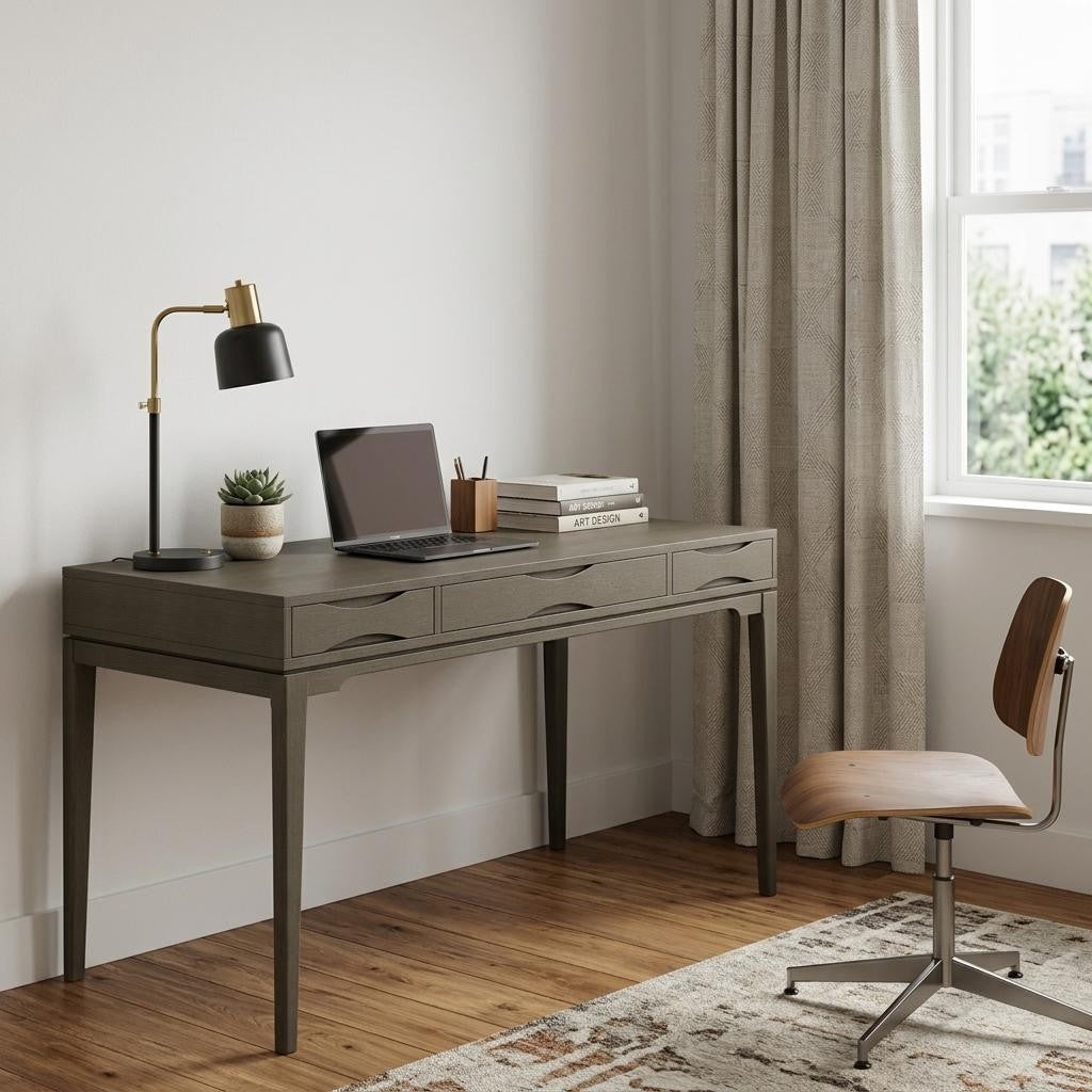 60" Gray Solid Wood Writing Desk With Two Drawers