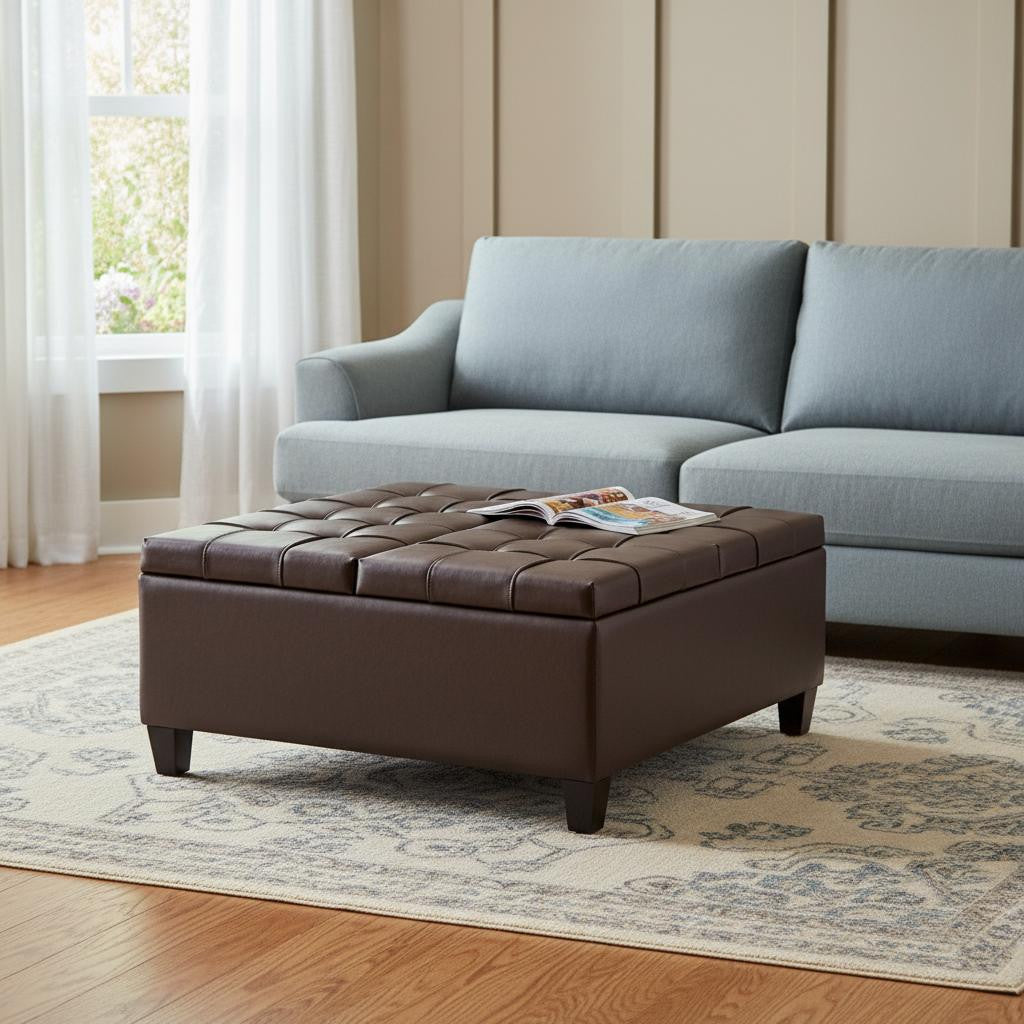 36" Chocolate And Espresso Faux Leather Tufted Ottoman With Storage