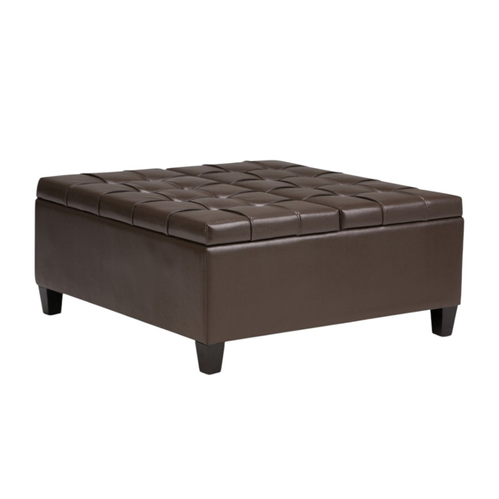 36" Chocolate And Espresso Faux Leather Tufted Ottoman With Storage