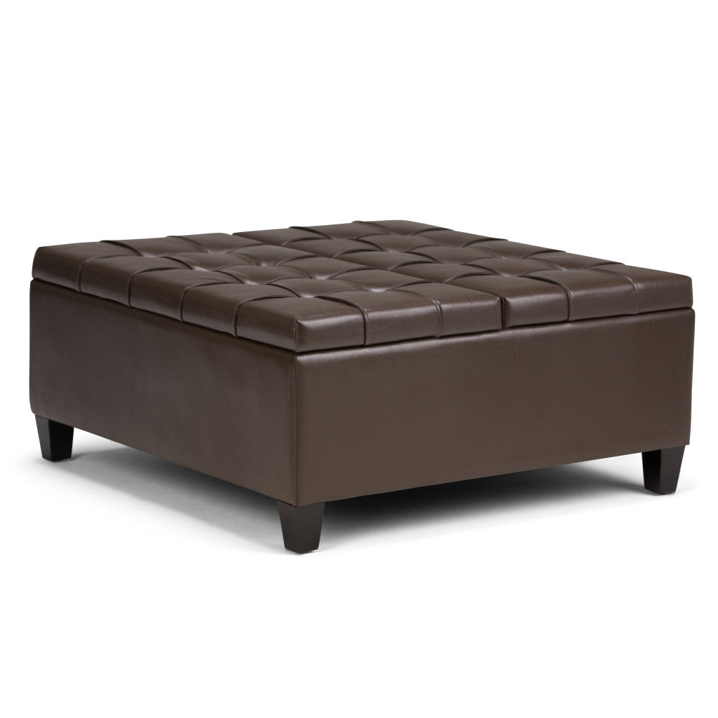36" Chocolate And Espresso Faux Leather Tufted Ottoman With Storage