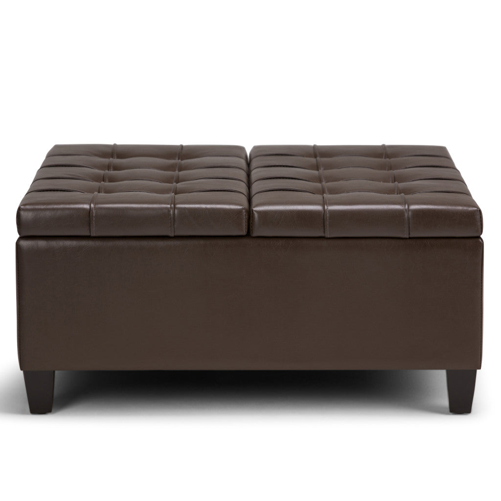 36" Chocolate And Espresso Faux Leather Tufted Ottoman With Storage