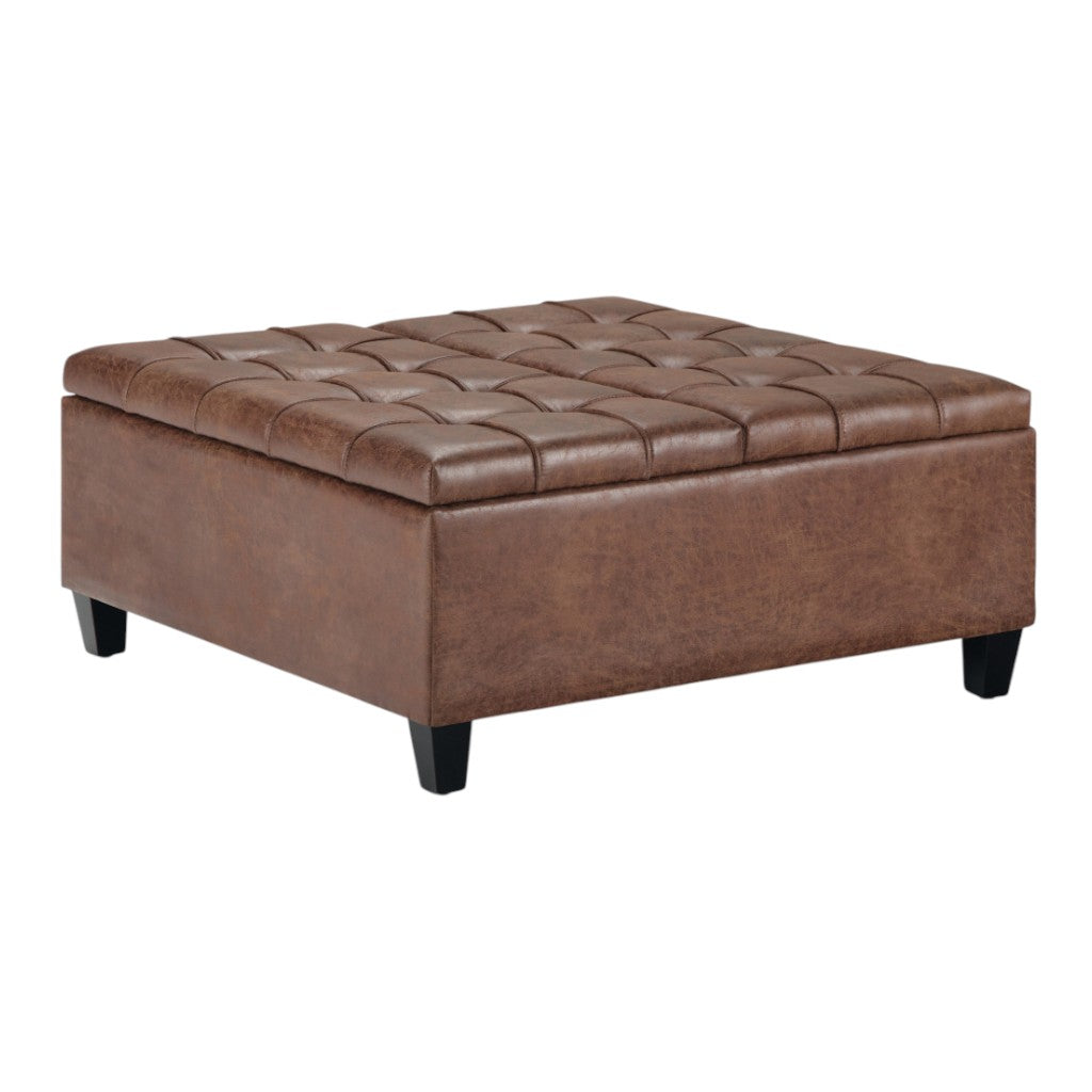 36" Umber And Espresso Faux Leather Tufted Ottoman With Storage