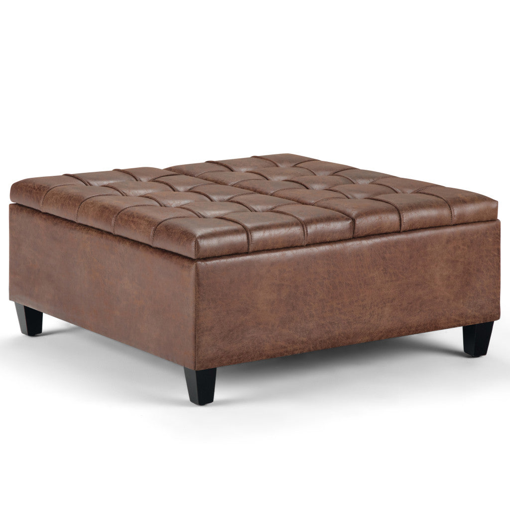 36" Umber And Espresso Faux Leather Tufted Ottoman With Storage