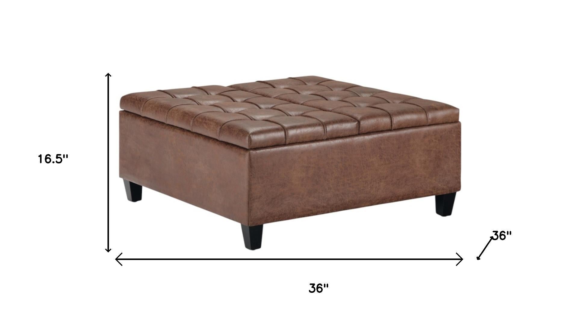 36" Umber And Espresso Faux Leather Tufted Ottoman With Storage