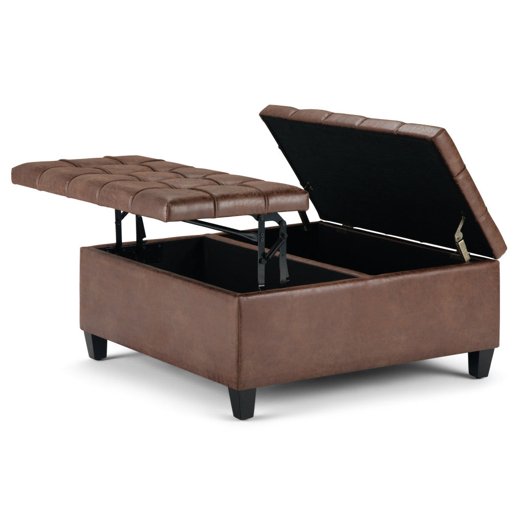 36" Umber And Espresso Faux Leather Tufted Ottoman With Storage
