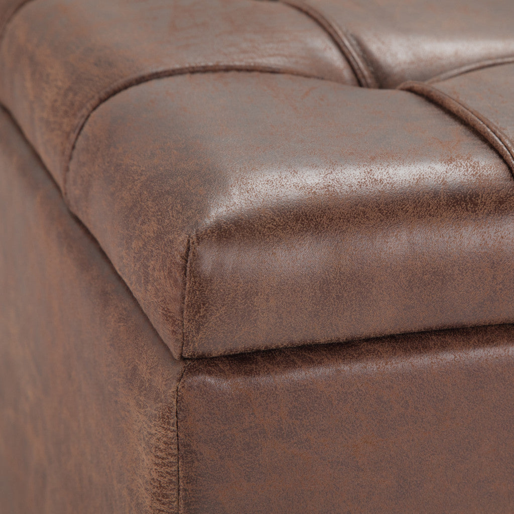 36" Umber And Espresso Faux Leather Tufted Ottoman With Storage