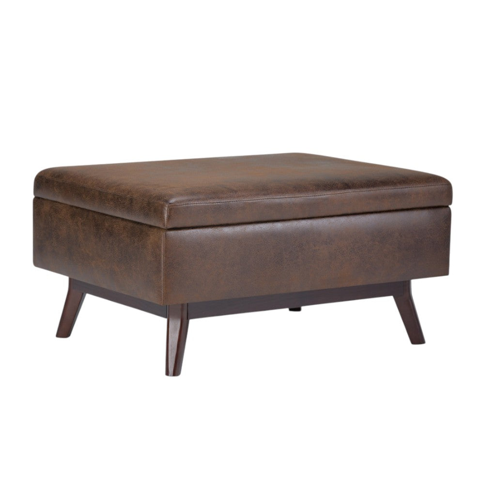 34" Chestnut And Brown Faux Leather Ottoman With Storage