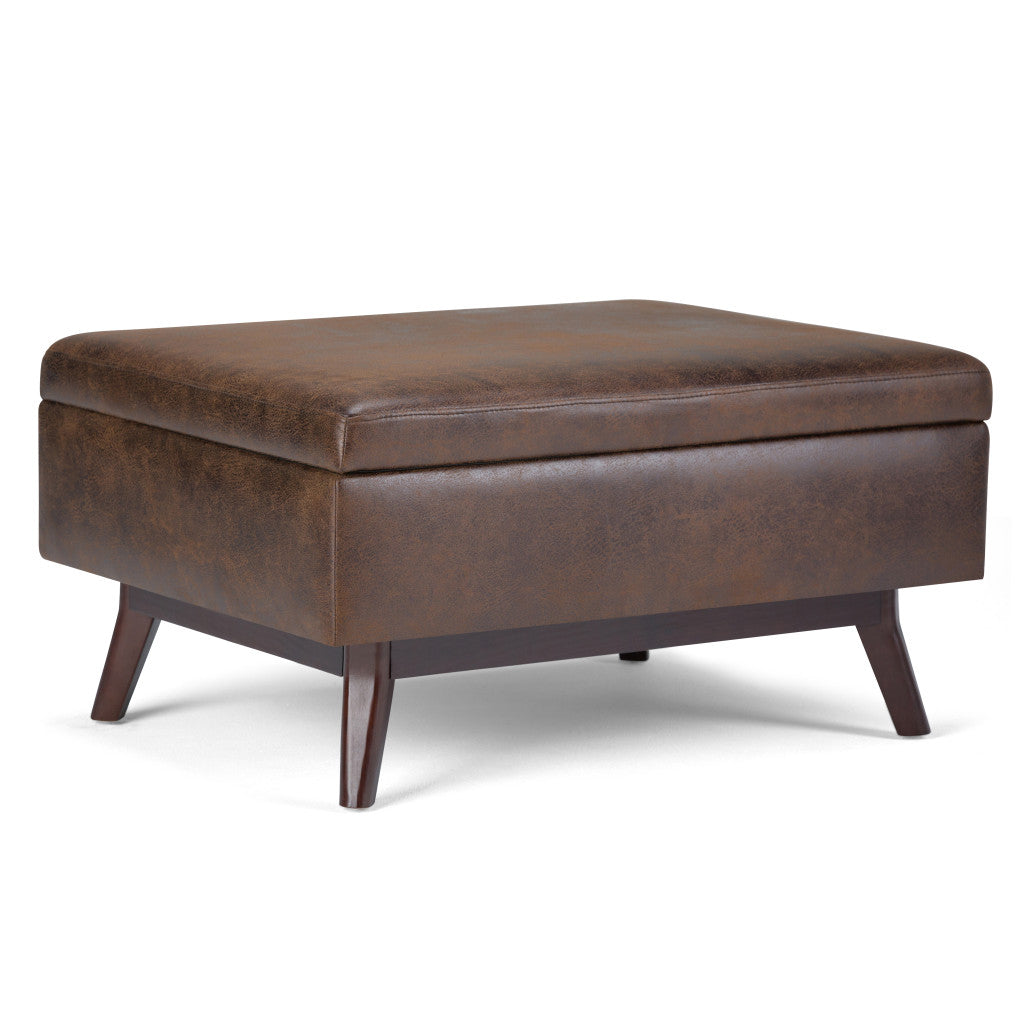 34" Chestnut And Brown Faux Leather Ottoman With Storage