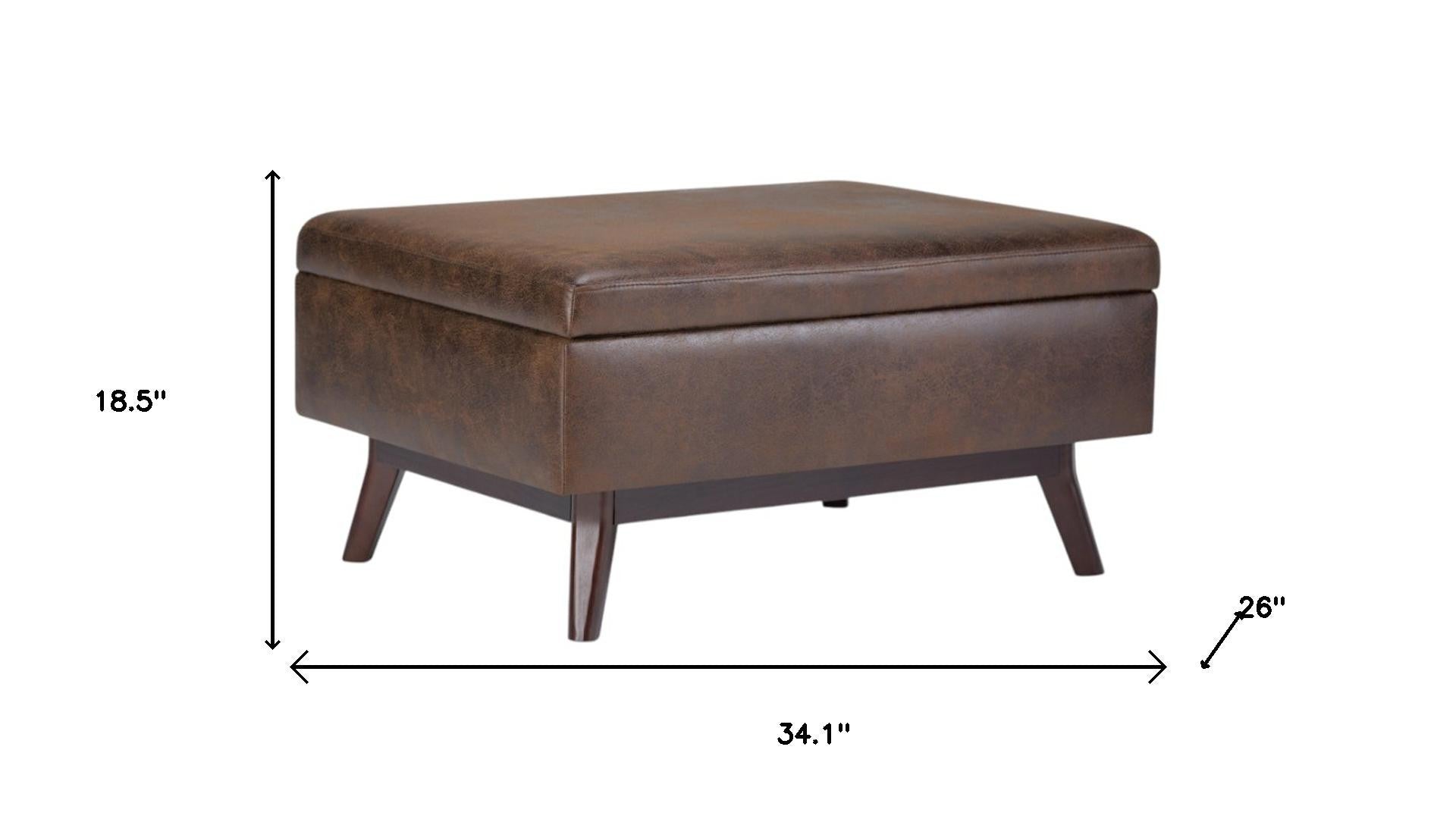 34" Chestnut And Brown Faux Leather Ottoman With Storage