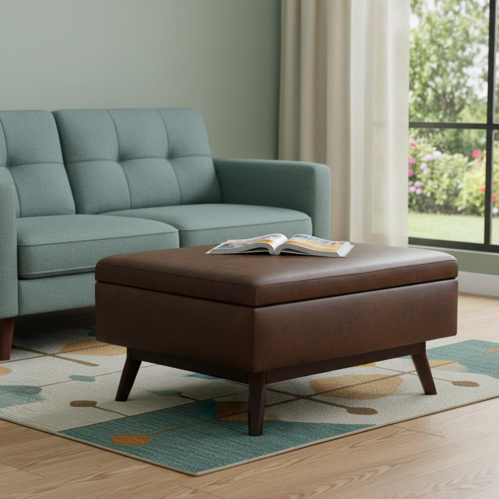 34" Chestnut And Brown Faux Leather Ottoman With Storage