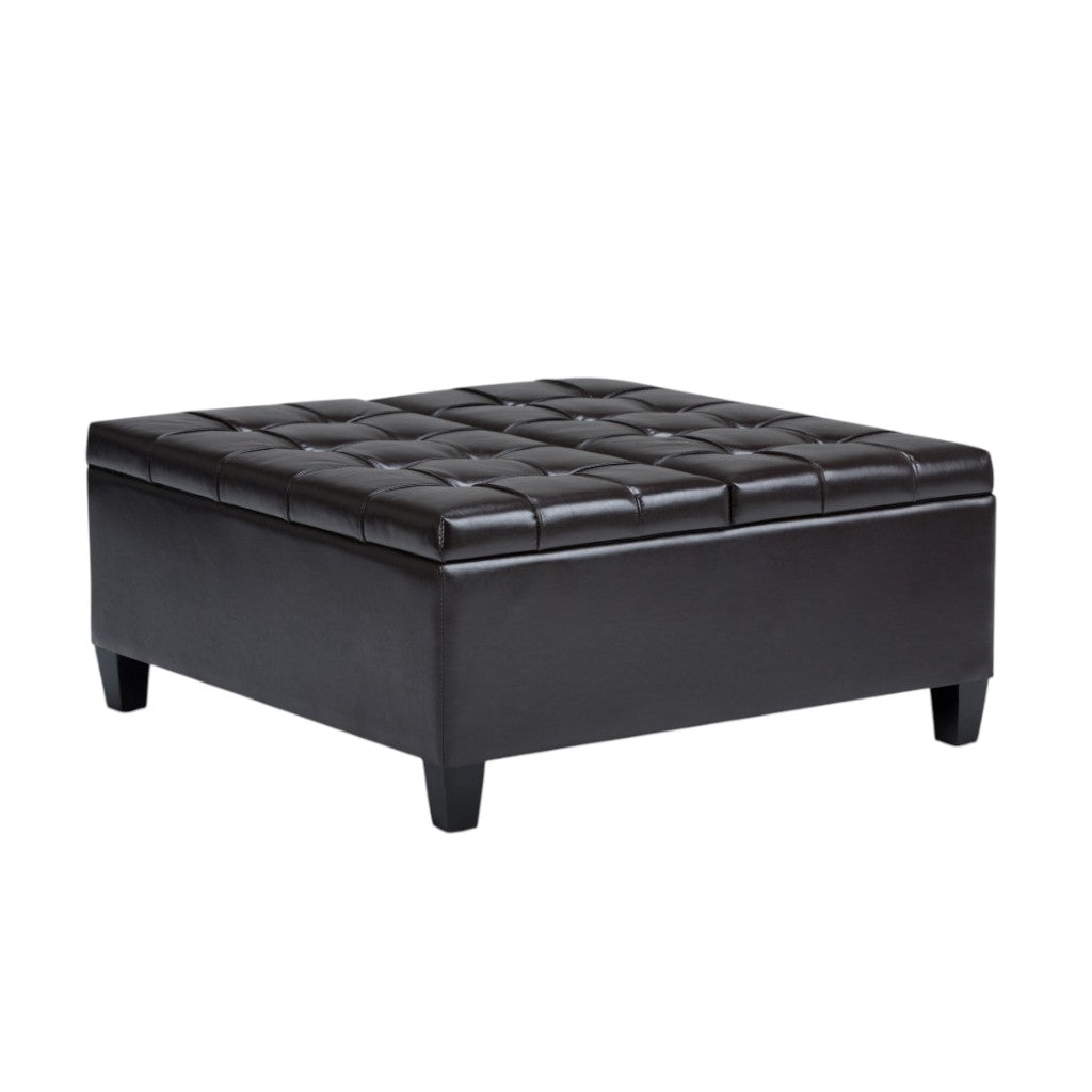 36" Brown And Espresso Faux Leather Tufted Ottoman With Storage