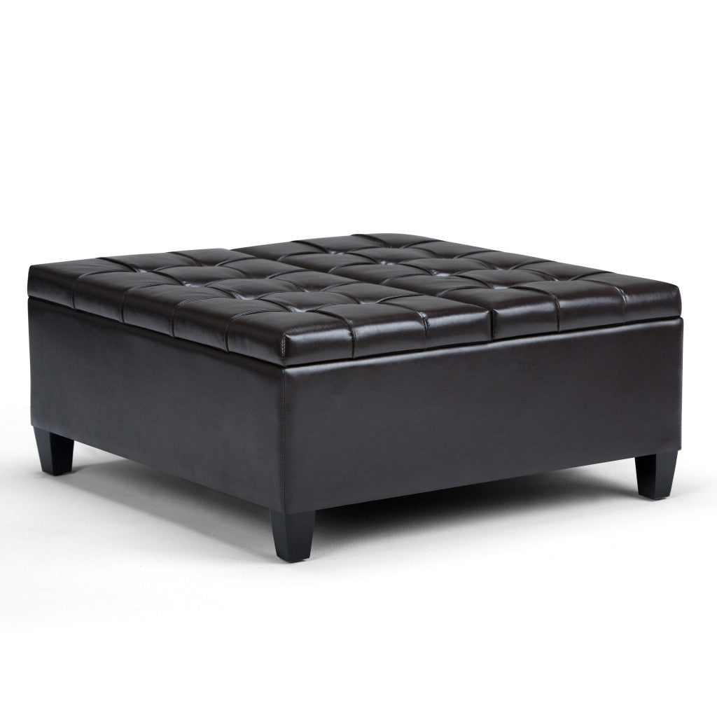 36" Brown And Espresso Faux Leather Tufted Ottoman With Storage