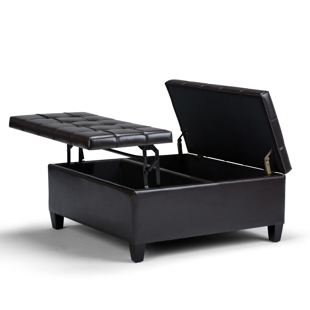 36" Brown And Espresso Faux Leather Tufted Ottoman With Storage