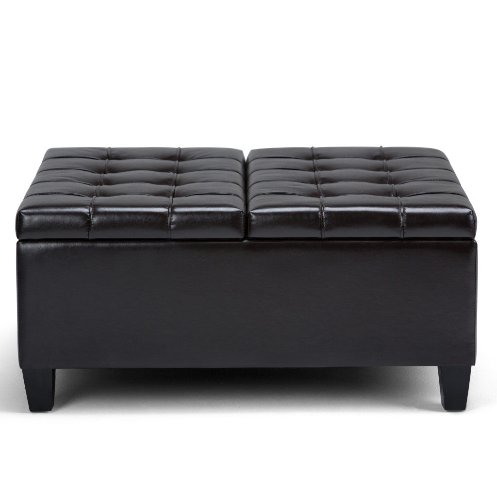 36" Brown And Espresso Faux Leather Tufted Ottoman With Storage