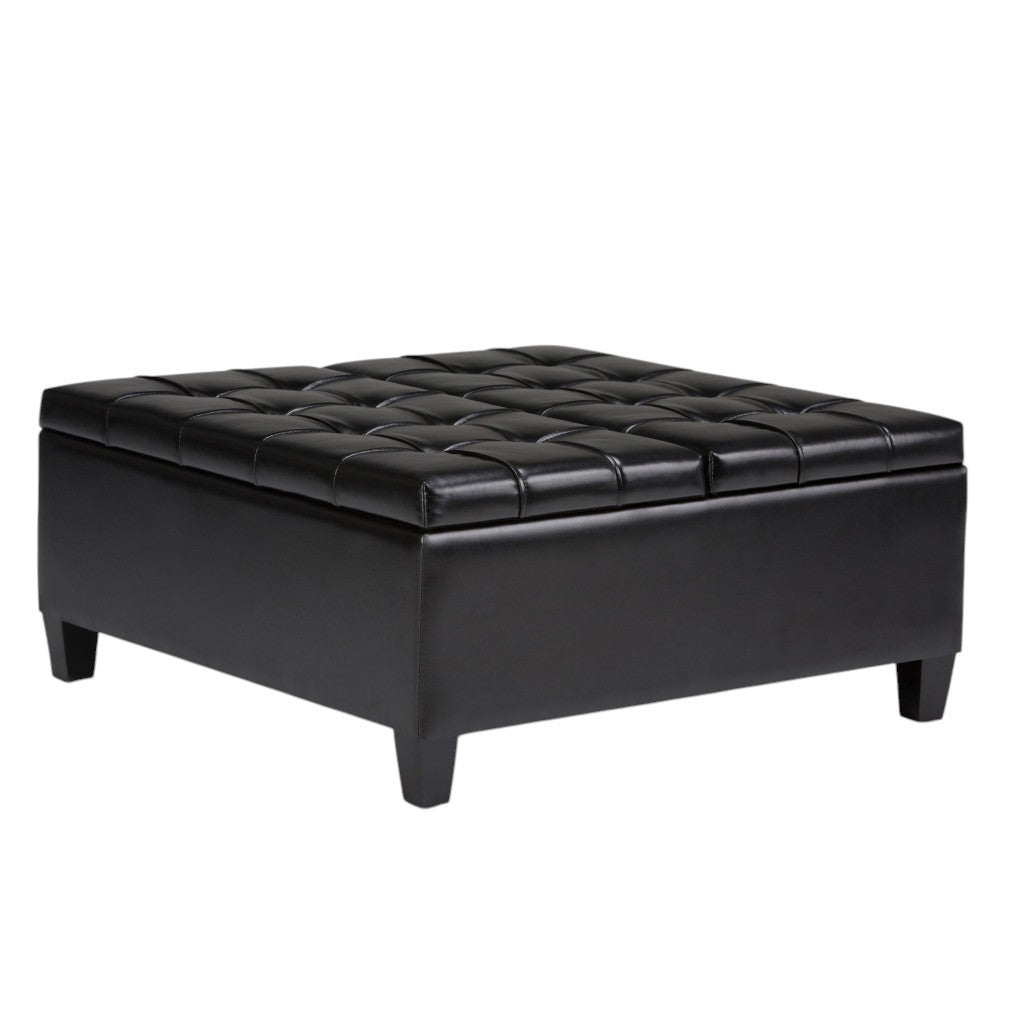 36" Black And Espresso Faux Leather Tufted Ottoman With Storage