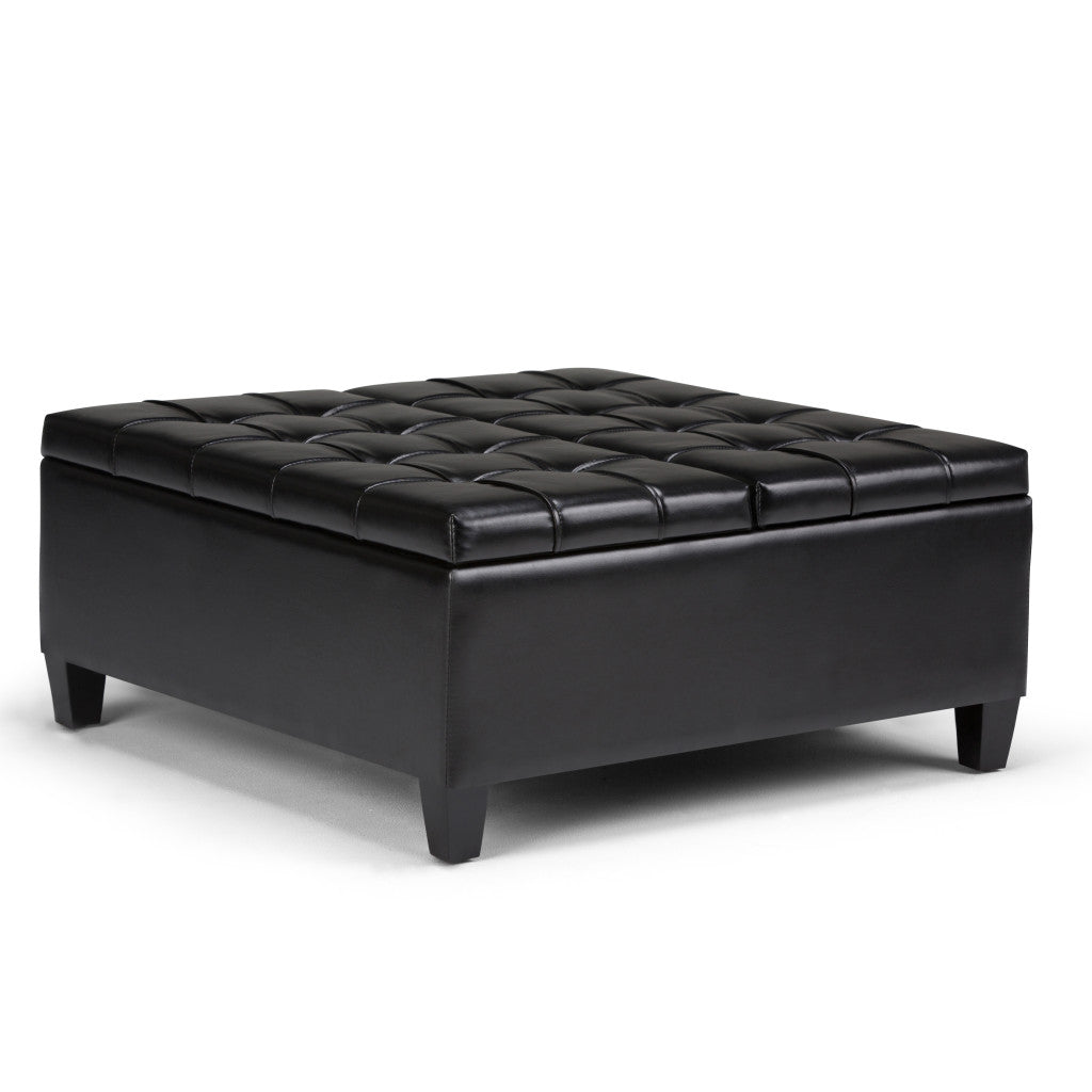 36" Black And Espresso Faux Leather Tufted Ottoman With Storage