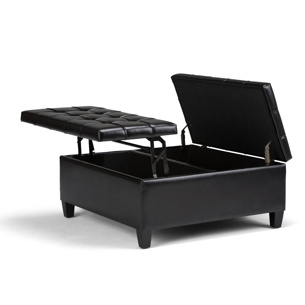 36" Black And Espresso Faux Leather Tufted Ottoman With Storage