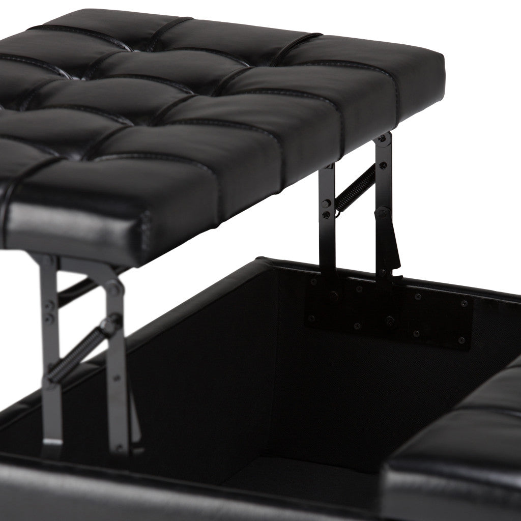 36" Black And Espresso Faux Leather Tufted Ottoman With Storage