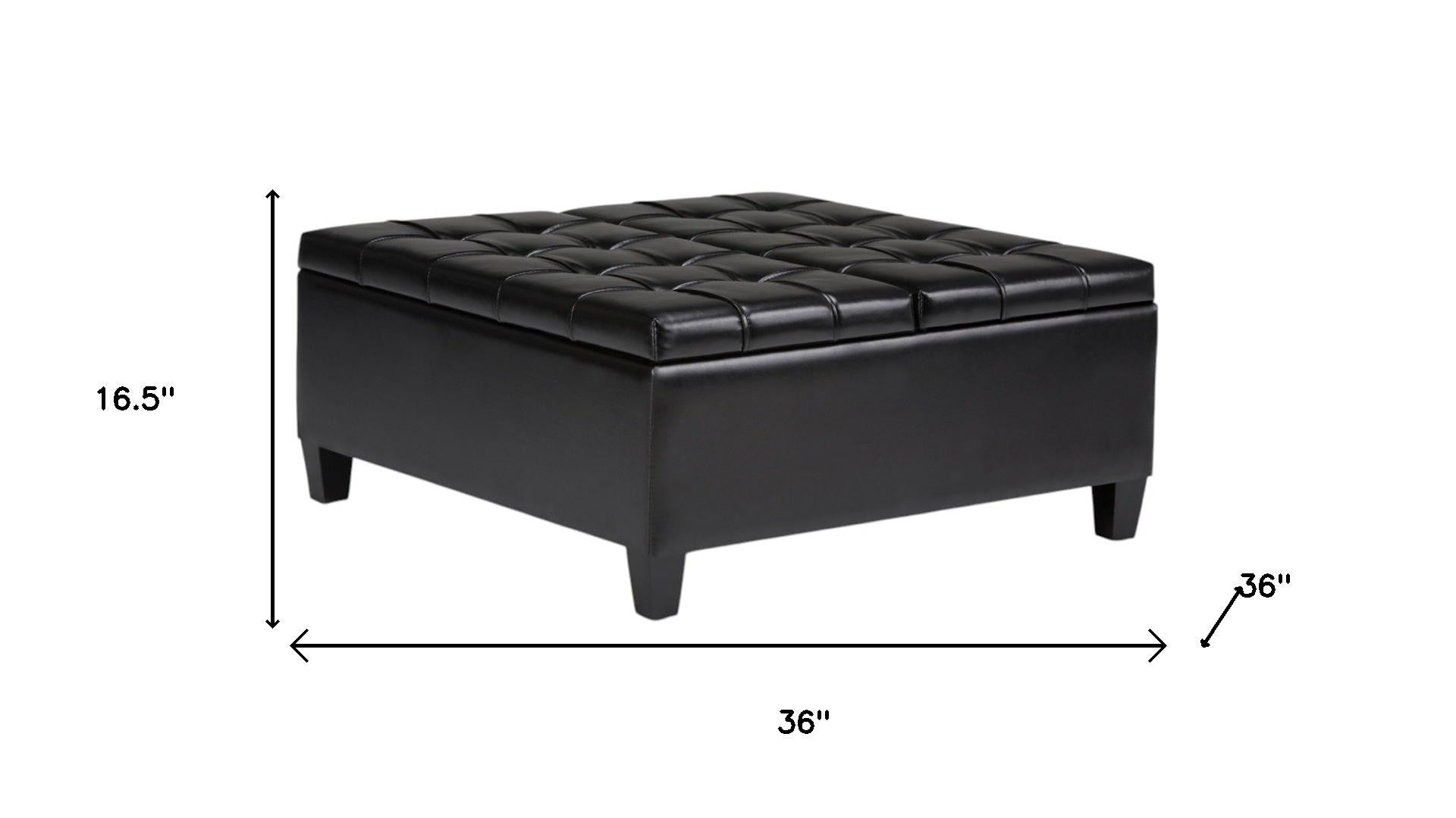 36" Black And Espresso Faux Leather Tufted Ottoman With Storage