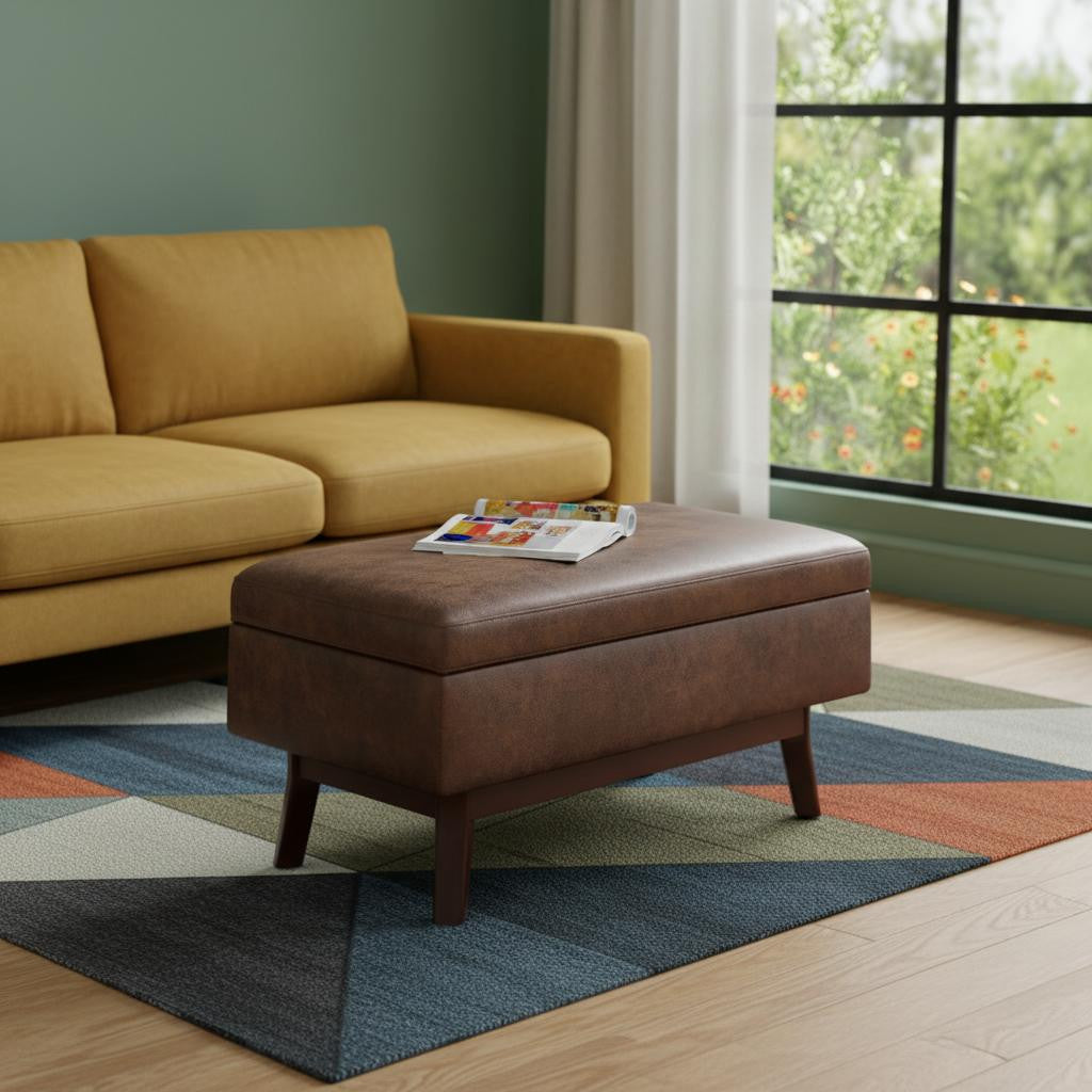 36" Chestnut And Brown Faux Leather Ottoman With Storage