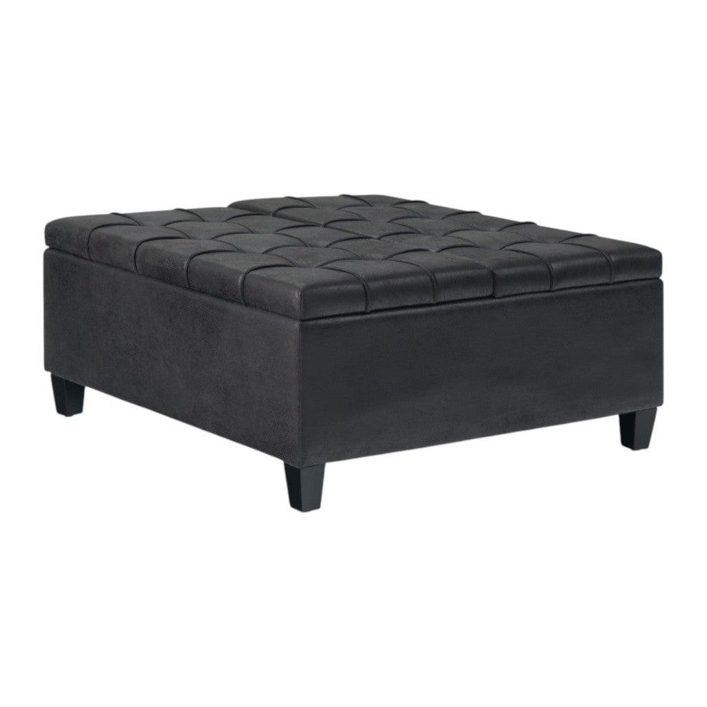 36" Black And Espresso Faux Leather Tufted Ottoman With Storage