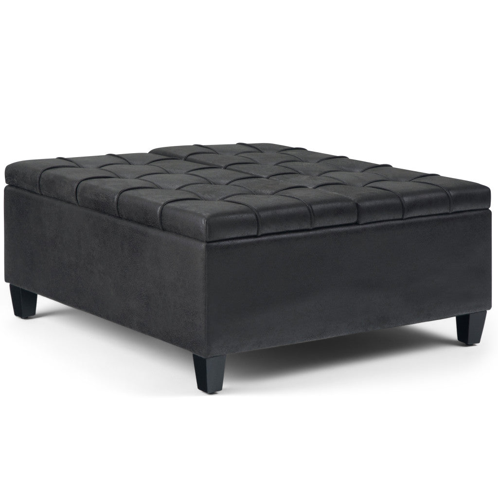 36" Black And Espresso Faux Leather Tufted Ottoman With Storage
