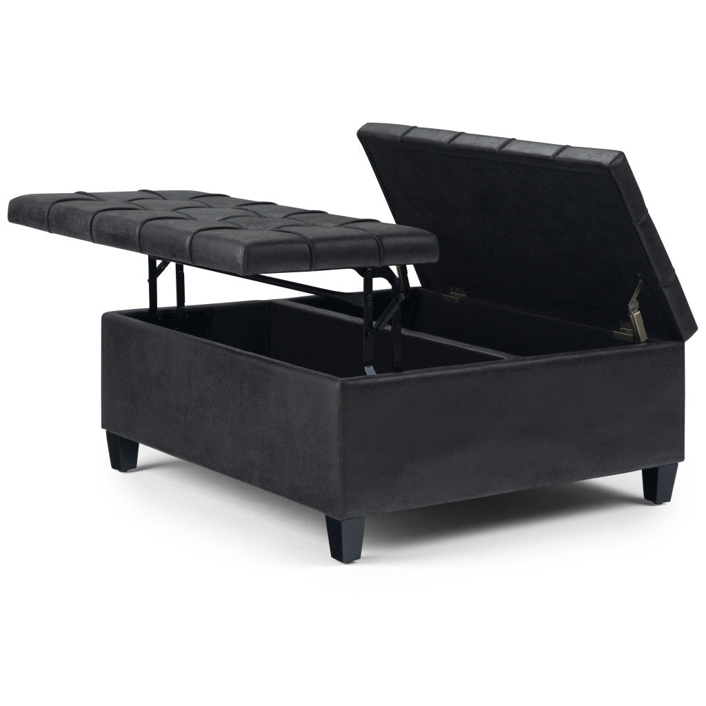36" Black And Espresso Faux Leather Tufted Ottoman With Storage