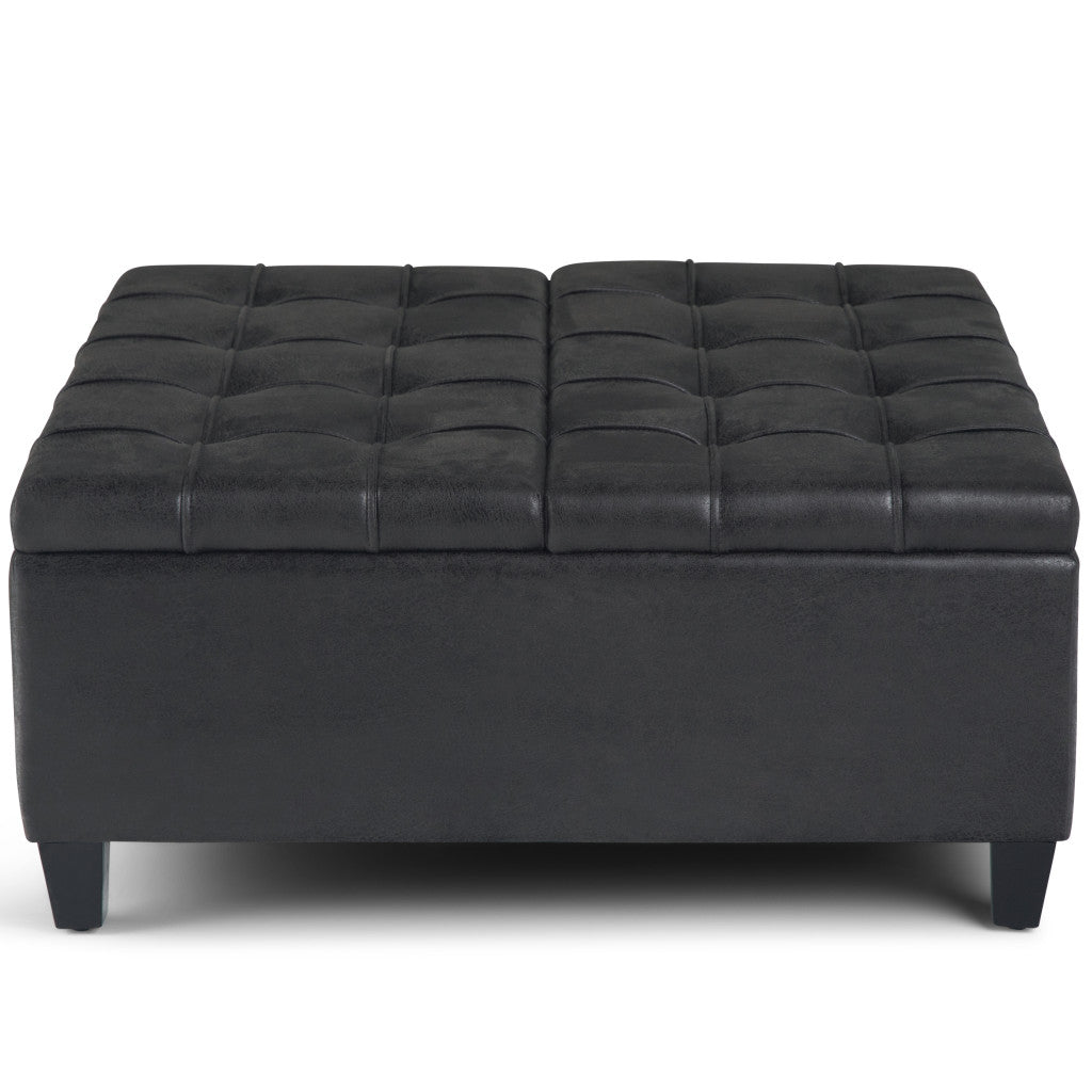 36" Black And Espresso Faux Leather Tufted Ottoman With Storage