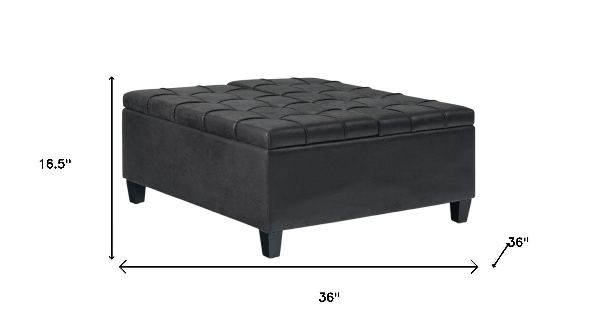 36" Black And Espresso Faux Leather Tufted Ottoman With Storage