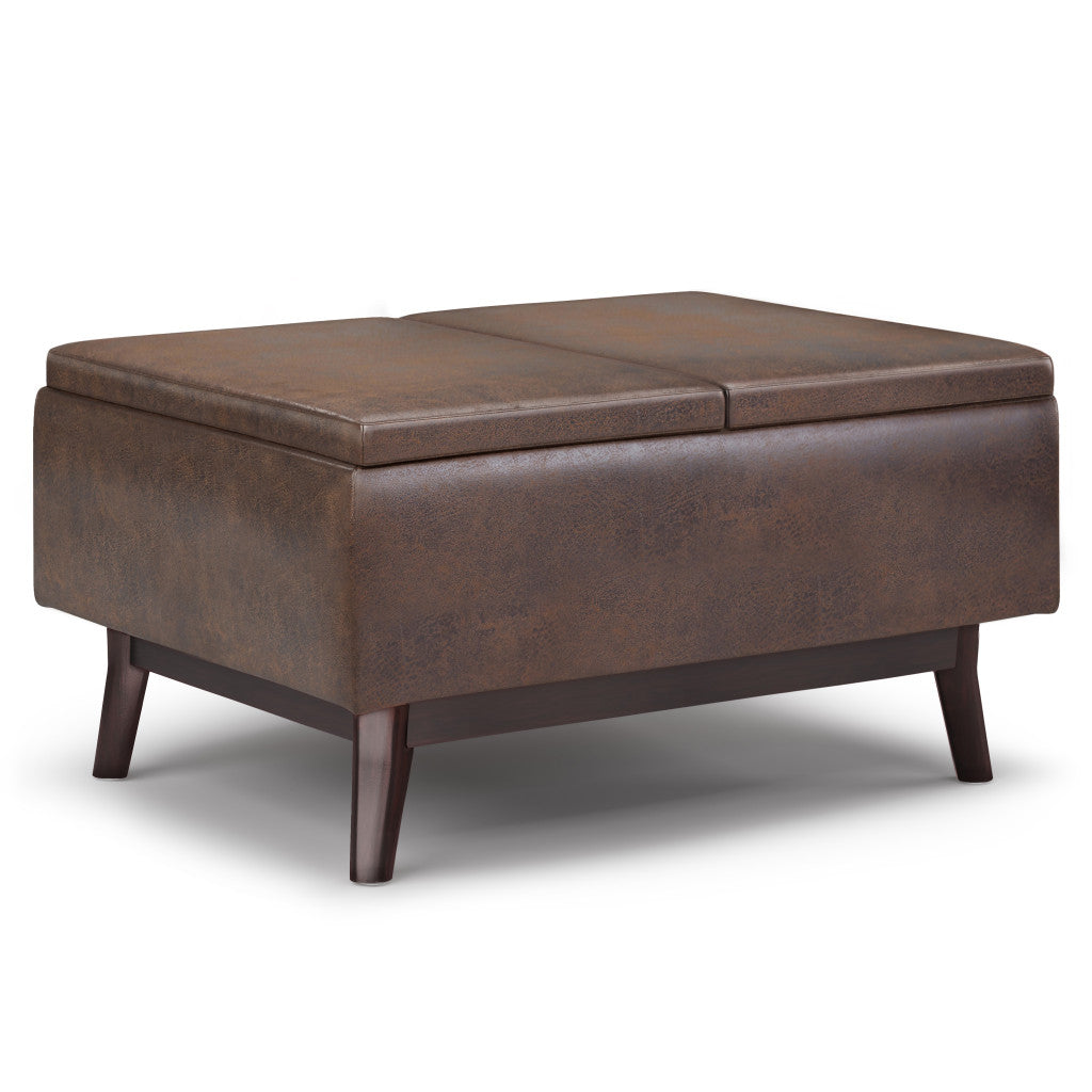 34" Chestnut And Brown Faux Leather Ottoman With Storage
