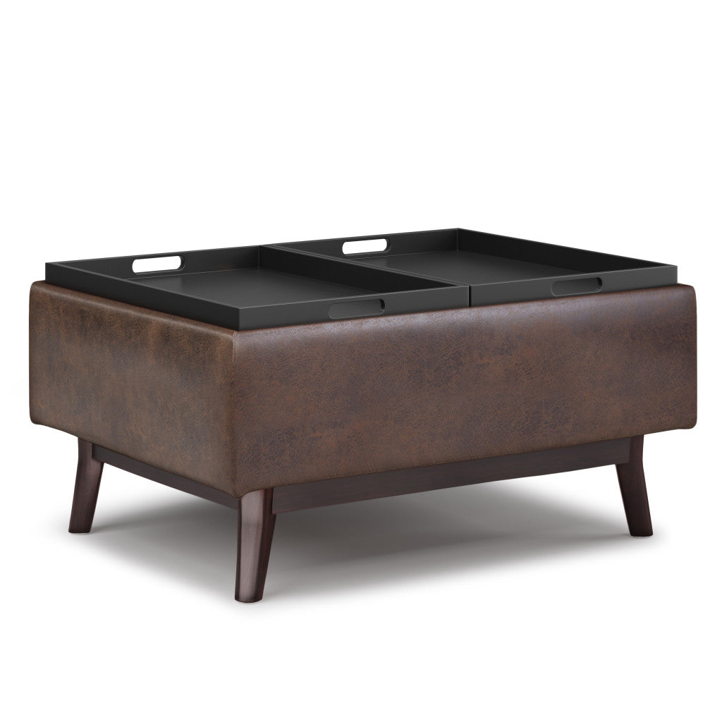 34" Chestnut And Brown Faux Leather Ottoman With Storage